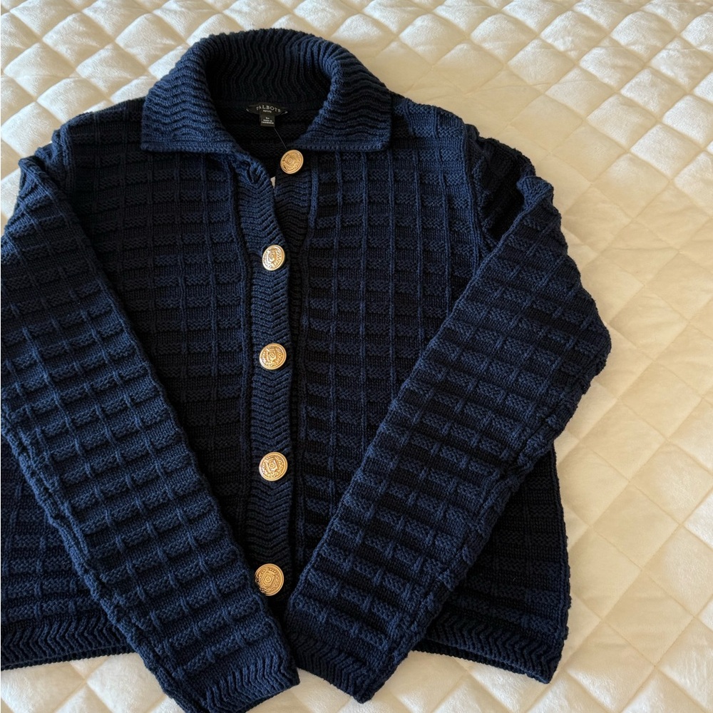 NWT Talbots Dark Blue Knit Cardigan with Gold Buttons